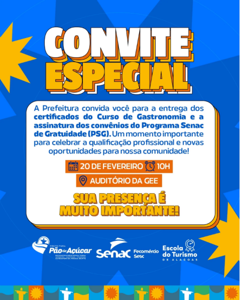 Convite: Solenidade de certificados do Curso de Gastronomia e a assinatura dos convênios do Programa Senac de Gratuidade